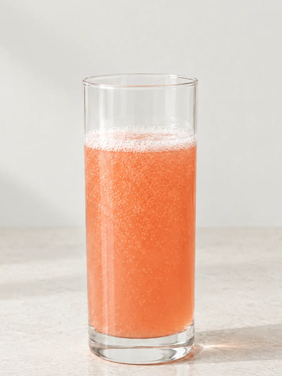 A glass of Spry Blood Orange: lightly sparkling, with a light haze