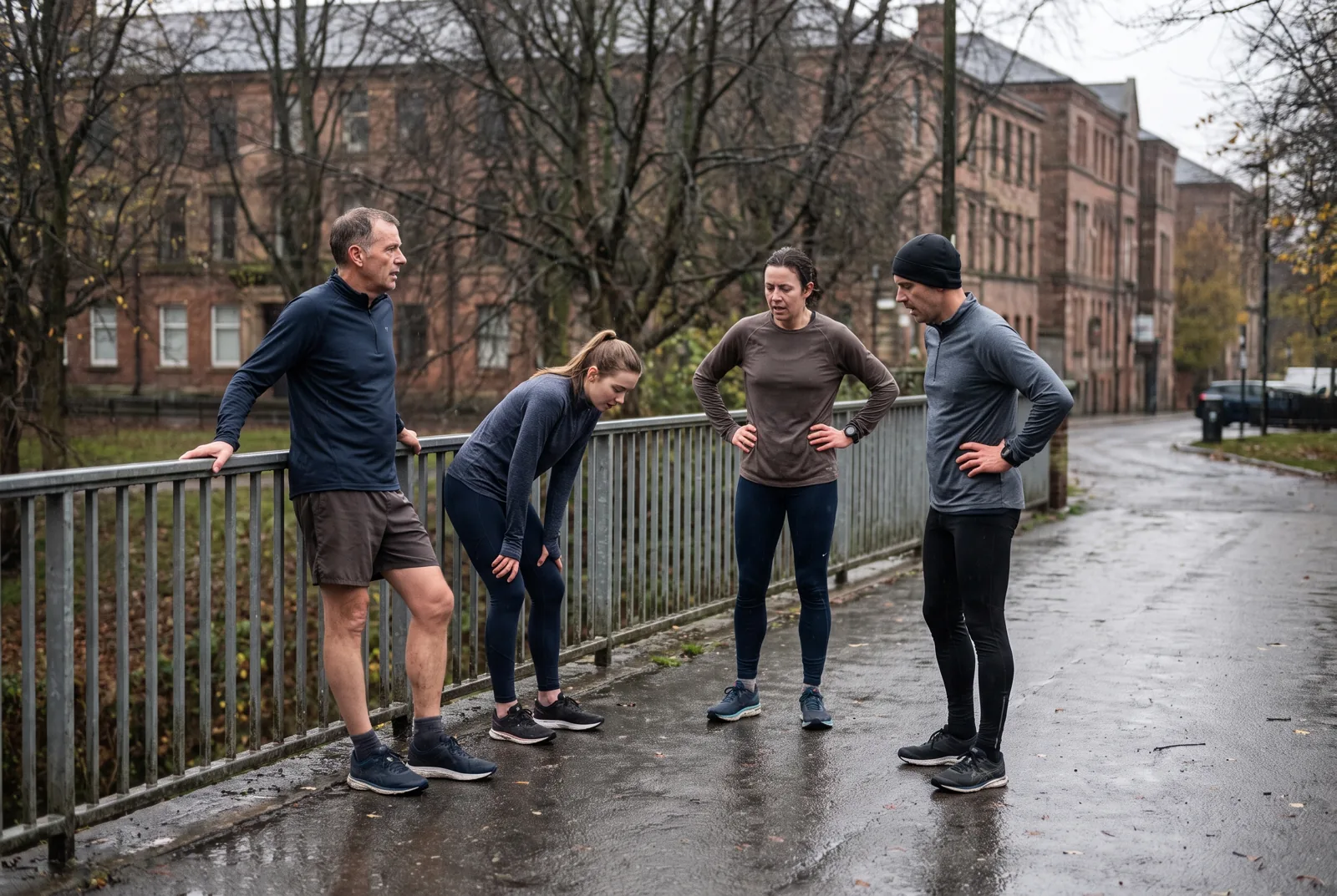 Runners catching their breath by a railing after a run club on a wet morning
